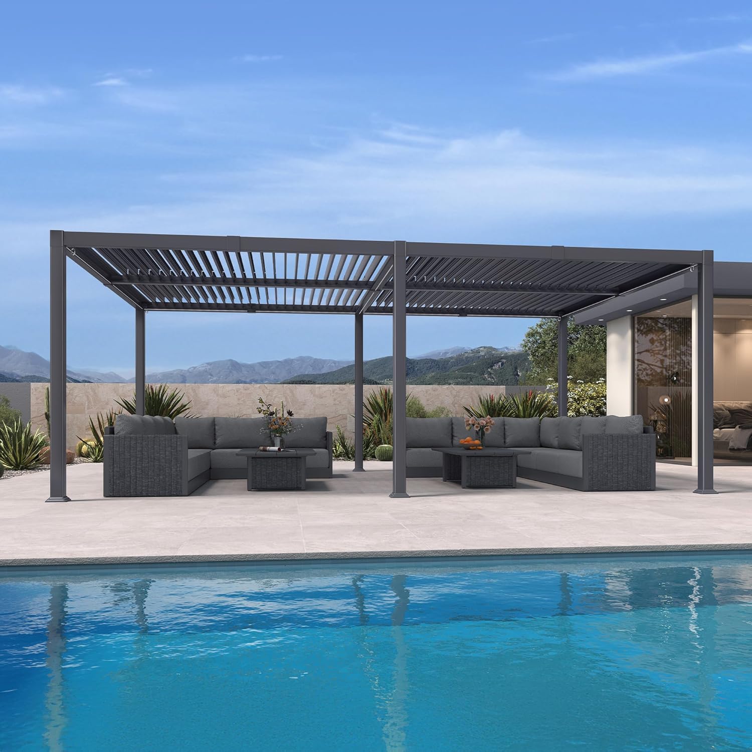 bleujardin - Pergola bioclimatique - 4x6m - alu lames LED gris