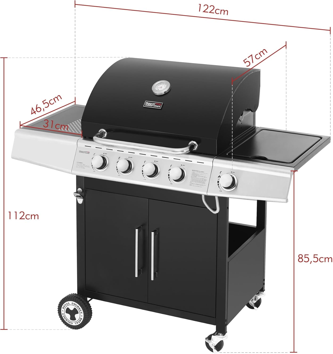 bleujardin – Barbecue Série 4+1 – 14,5kW, inox, tablettes, 2 portes