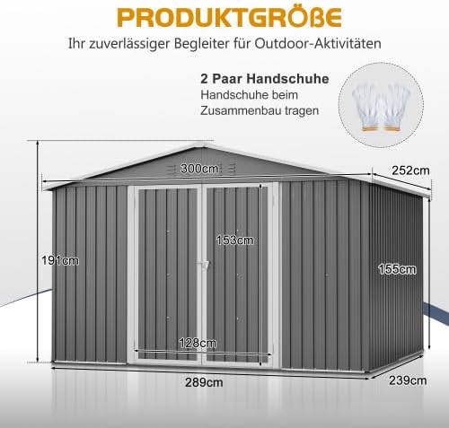 Abri de jardin en métal 300 x 252 cm – Gris – Grand abri de jardin résistant aux intempéries avec toit à pignon, pour vélos et outils, abri de jardin XXXL