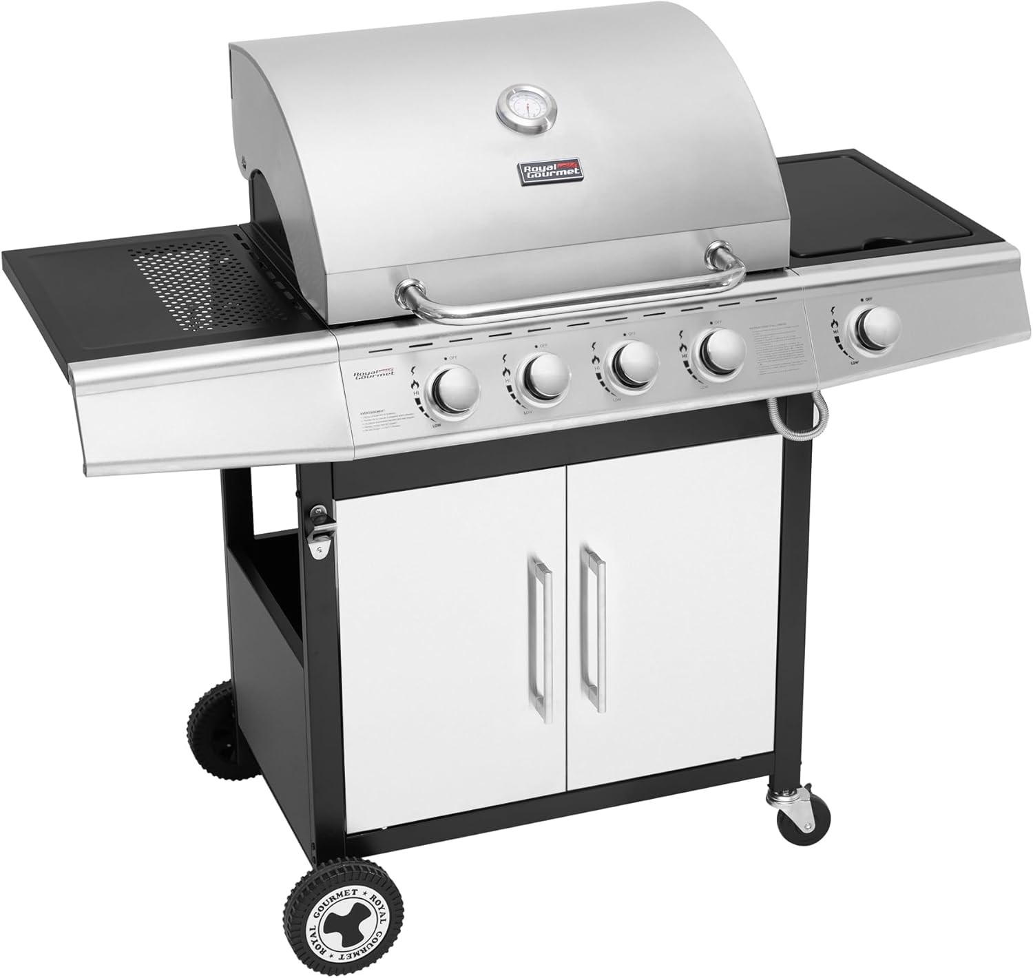 bleujardin - Barbecue Gaz 4+1 brûleurs inox - 14,5kW - 2 portes, thermomètre, roues directionnelles