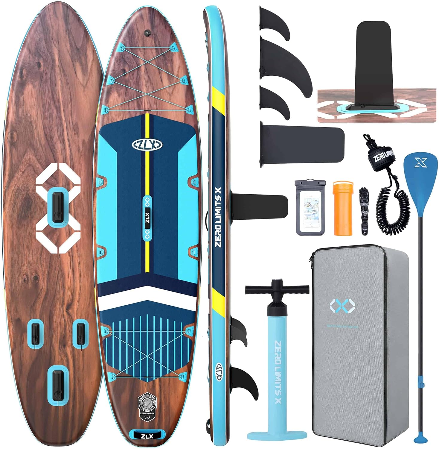 ZLX Paddle Gonflable 350 x 89 cm Extra Large Sup | Planche Stable Antidérapante, Aileron Amélioré, Accessoires Premium, Sac & Pompe Haute Pression, pour Adultes Tous Niveaux avec Siège Gonflable