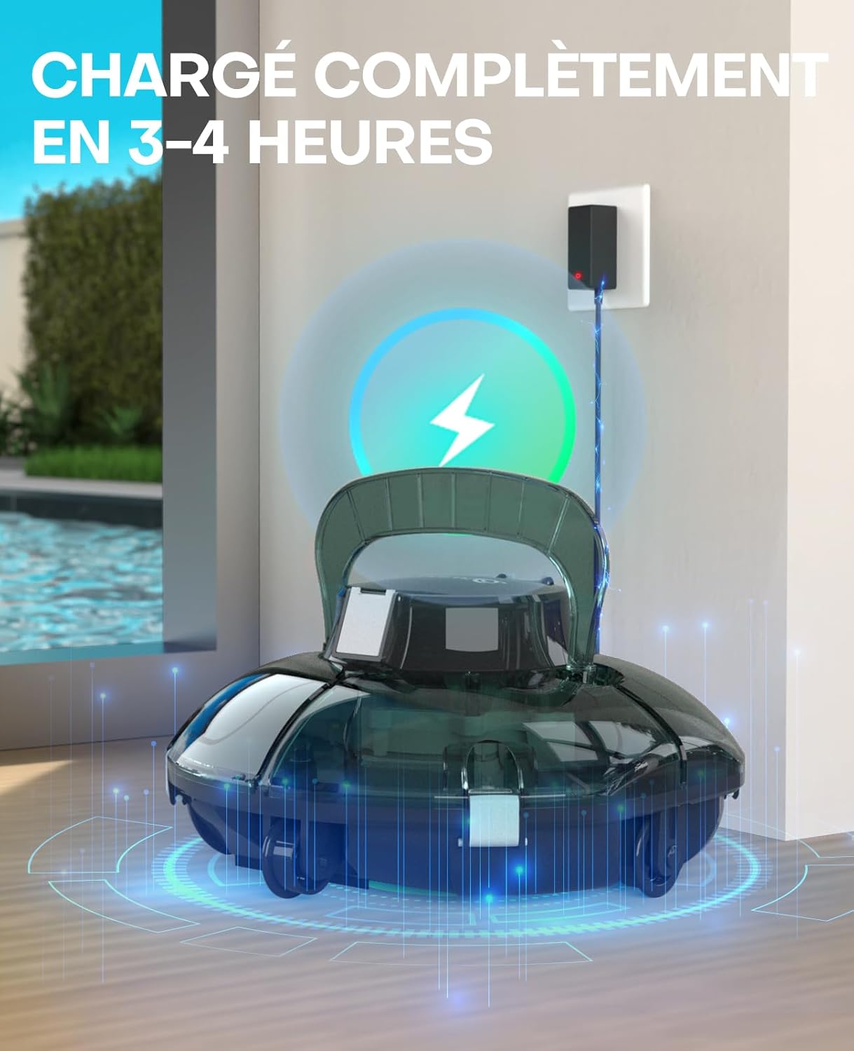 bleujardin Winny 200 Robot Piscine, Aspirateur Piscine Sans Fil Avec Batterie, Autonomie 75 Min pour Piscines Hors-Sol 60m², Double Filtration,Stationnement Automatique(Transparent Vert Blanc)