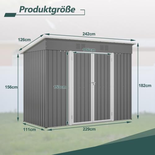 Abri de jardin en métal 229x111 cm – Gris, résistant aux intempéries avec cadre de fondation et porte verrouillable, pour vélos et outils, remise 8x4 pi