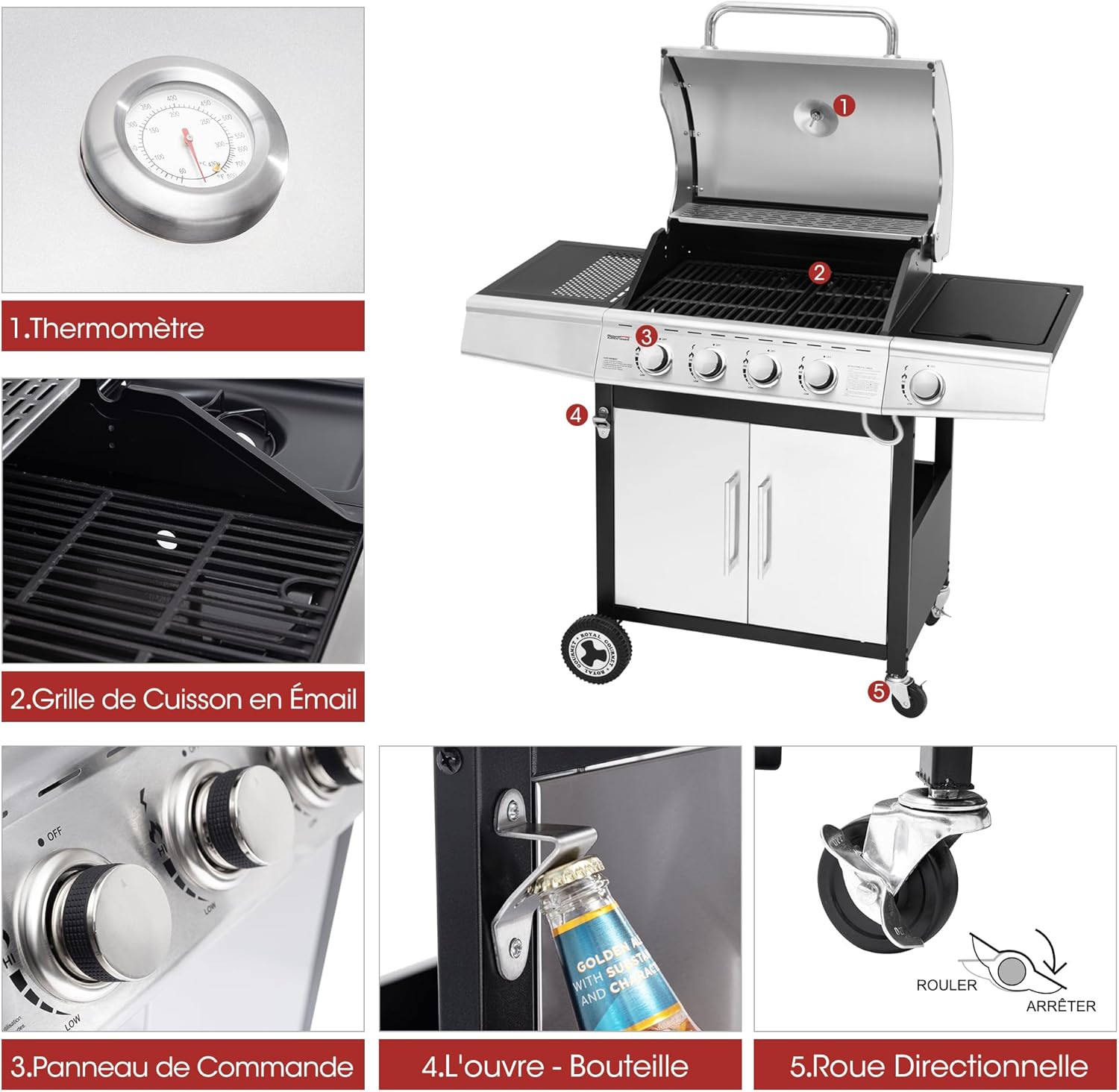 bleujardin - Barbecue Gaz 4+1 brûleurs inox - 14,5kW - 2 portes, thermomètre, roues directionnelles