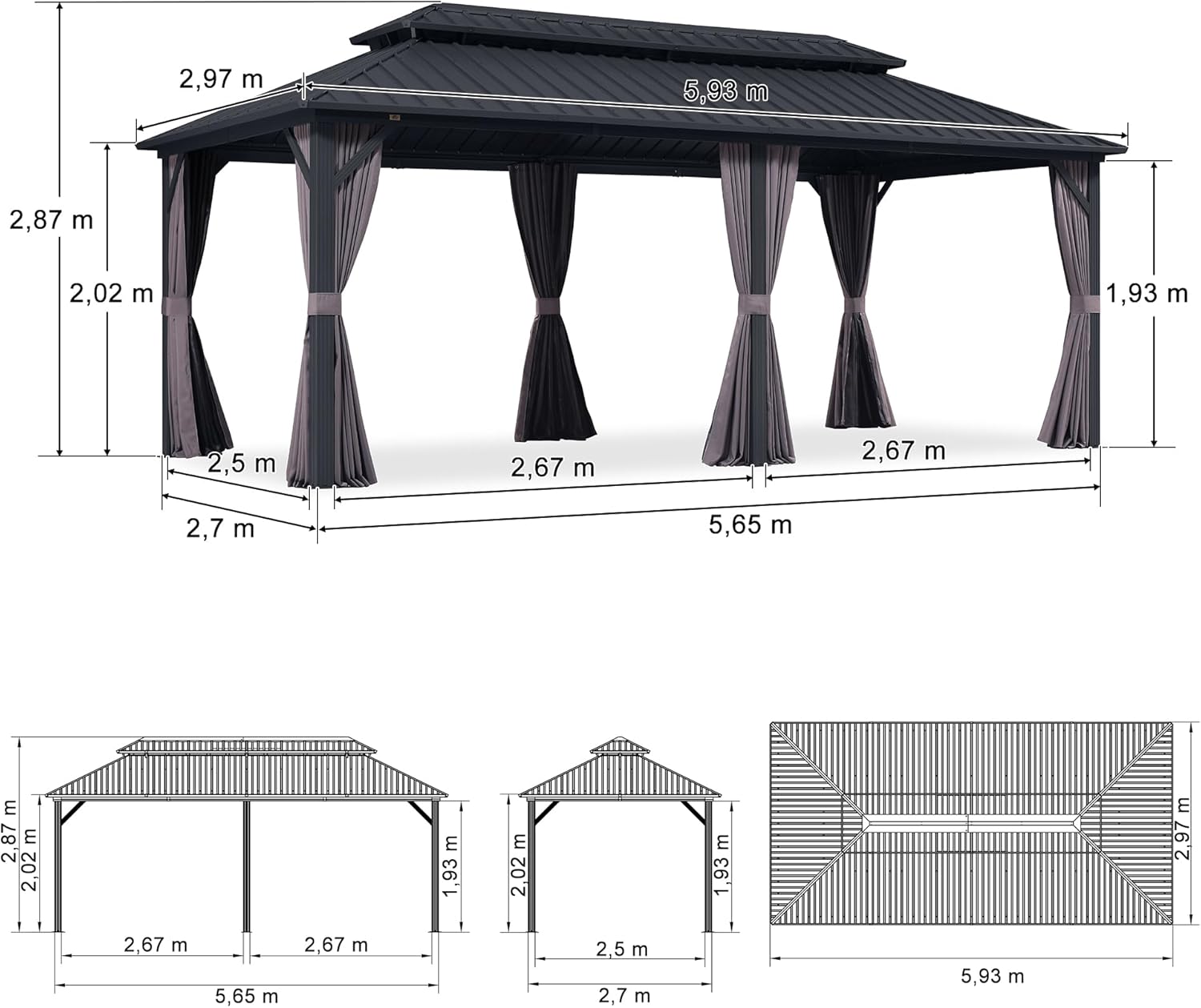 bleujardin - pergola double toit 6x3m, alu & acier, rideaux & moustiquaire