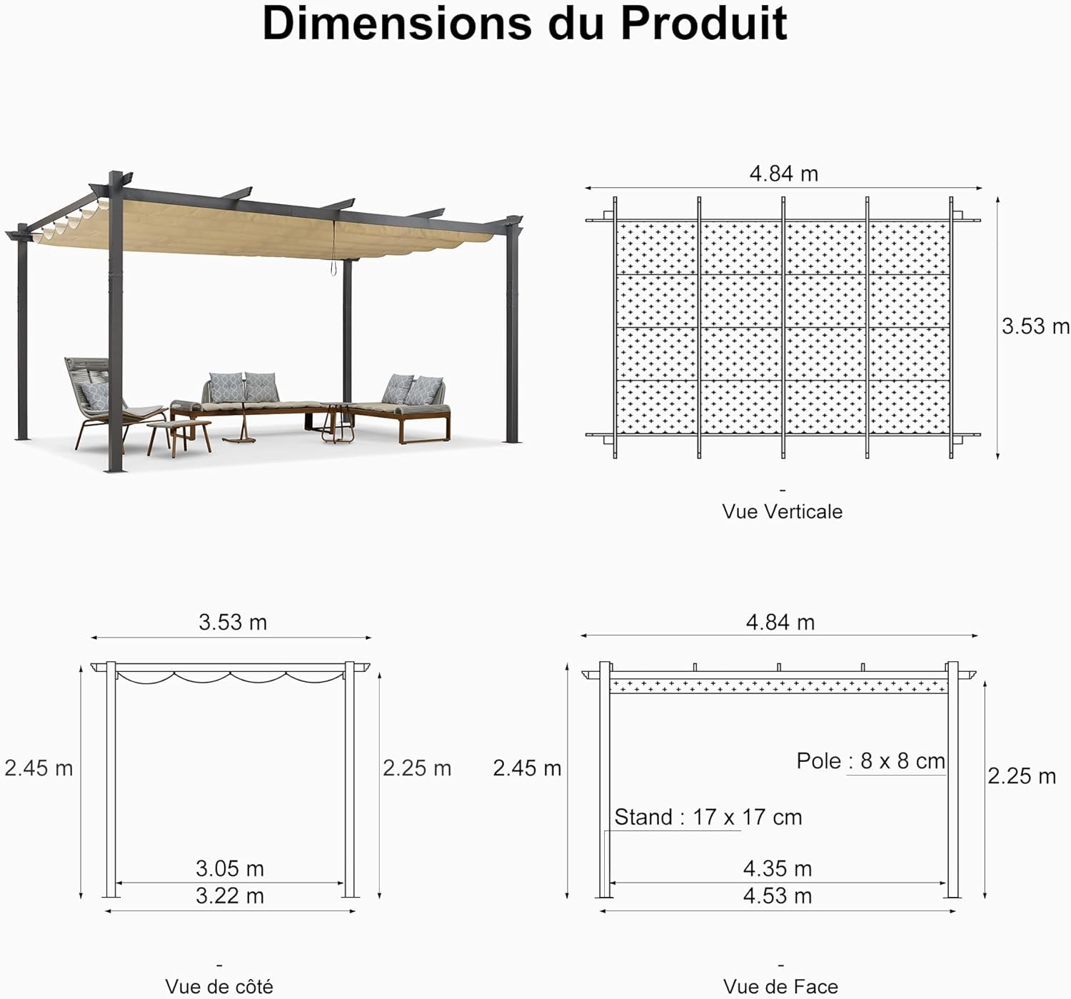 bleujardin - pergola aluminium série LED - 4,8x3,5 m - toit rétractable, structure résistante, kaki