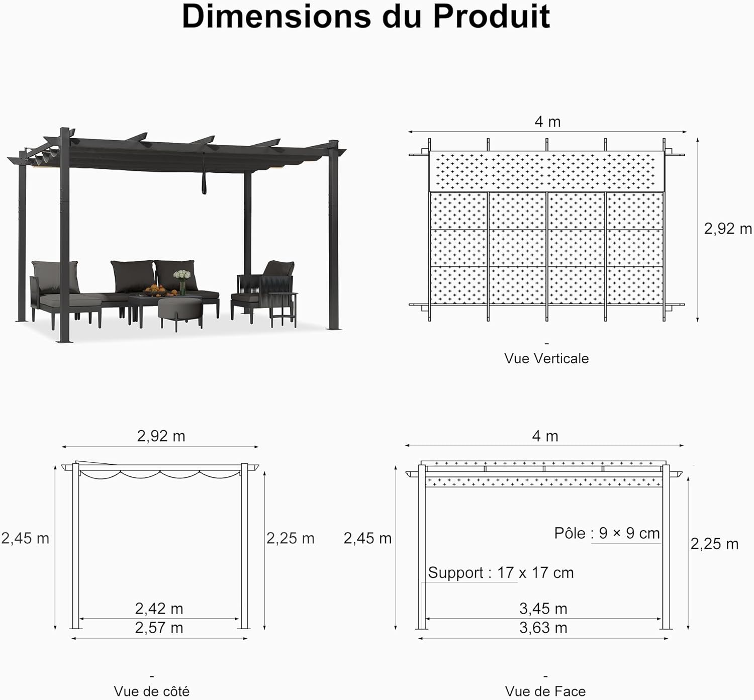 bleujardin - Pergola aluminium série - 4x3m - toit rétractable, imperméable, gris