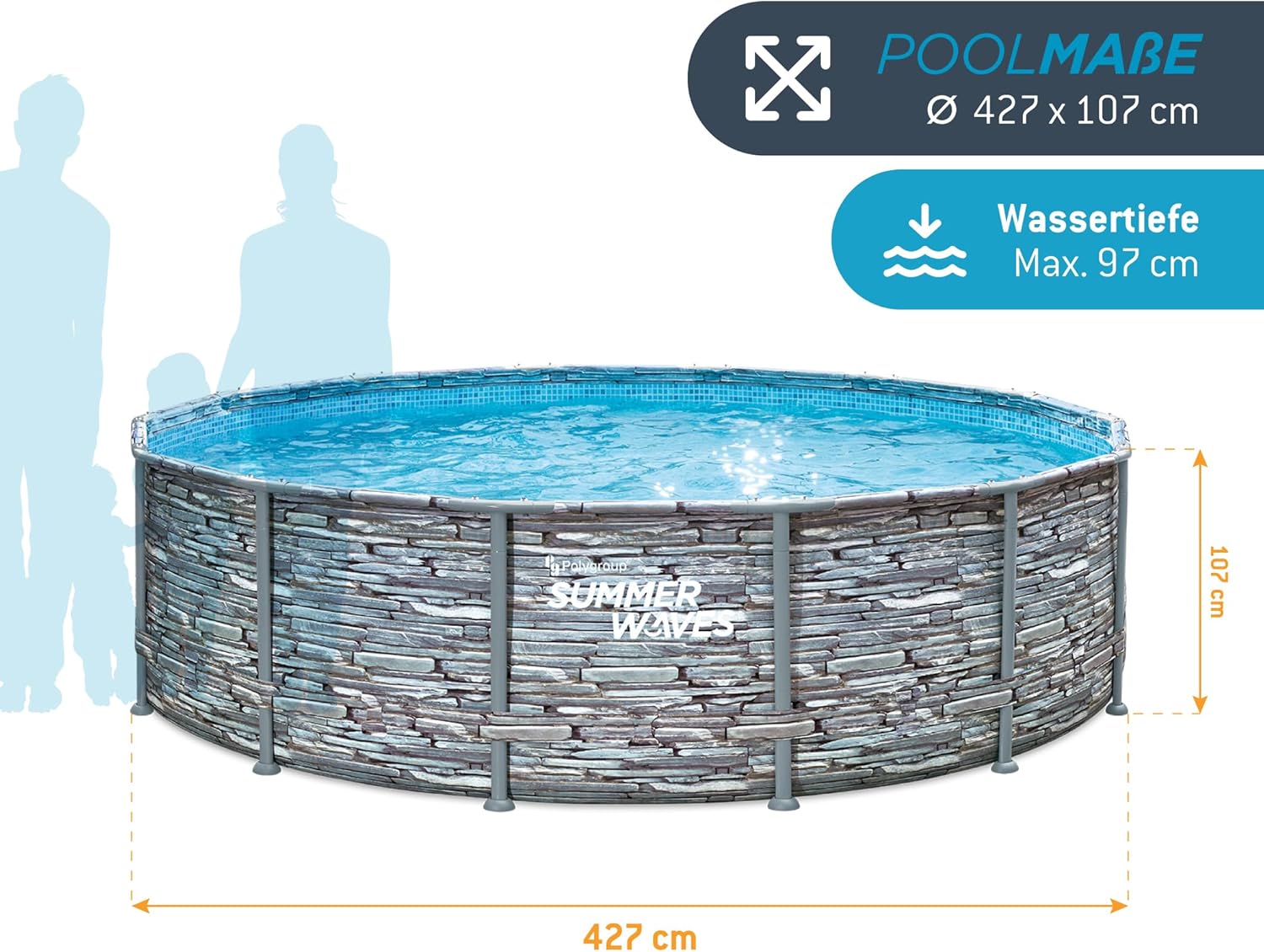 bleujardin - Frame Pool Kit rond - 427x107 cm - aspect pierre grise, pompe à filtre
