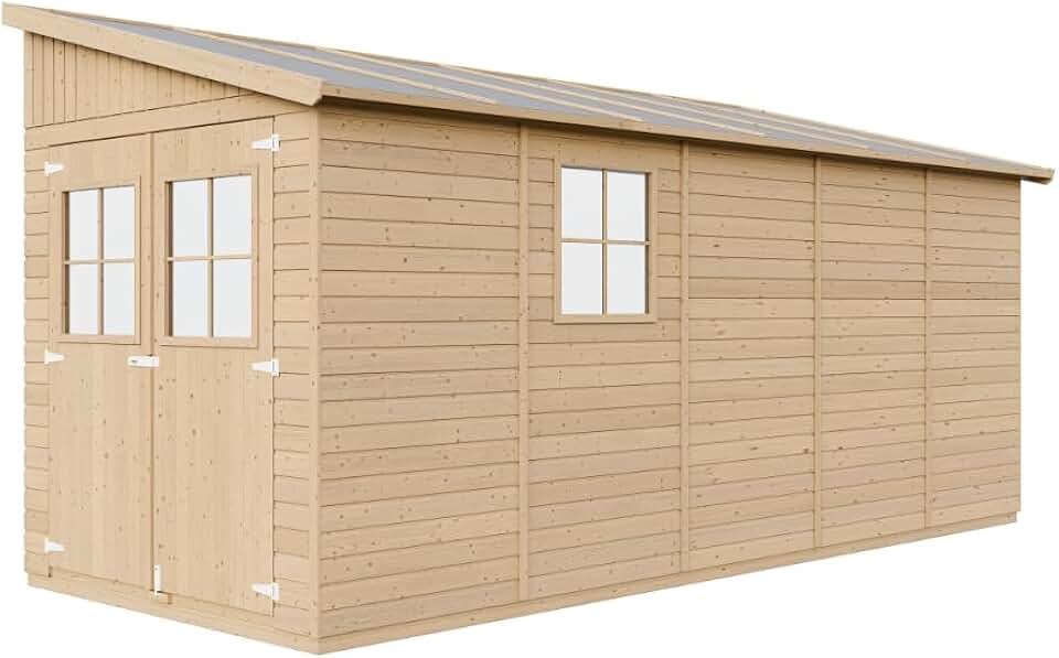 bleujardin M341 Abri de Jardin en Bois Naturel (sans paroi latérale)- Stockage extérieur avec fenêtres- H244x216x513 cm/10 m2, Hangar en Bois Naturel - Atelier Rangement Outils et vélos The Forest Stewardship Council