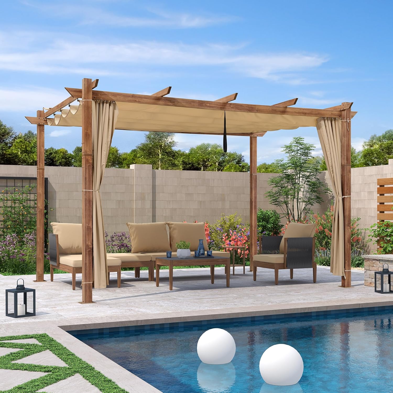 bleujardin - Pergola alu finition teck 4x3m - toile rétractable, rideau, kaki
