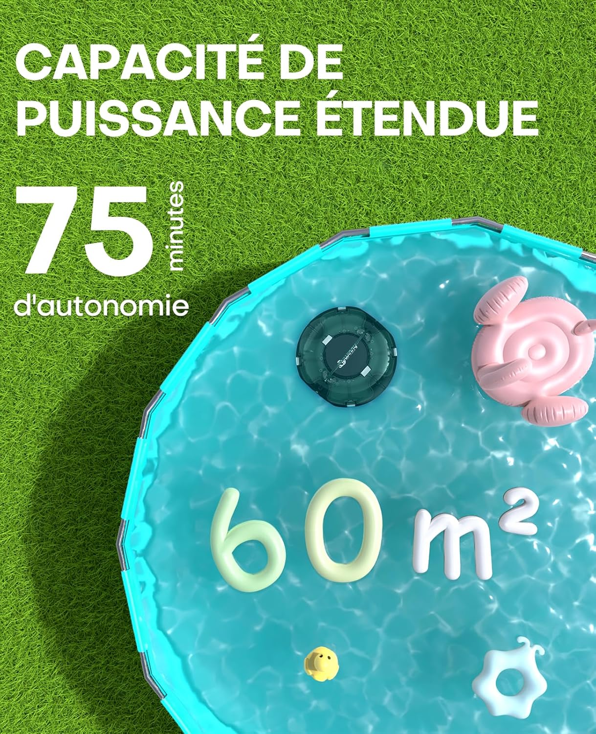 bleujardin Winny 200 Robot Piscine, Aspirateur Piscine Sans Fil Avec Batterie, Autonomie 75 Min pour Piscines Hors-Sol 60m², Double Filtration,Stationnement Automatique(Transparent Vert Blanc)