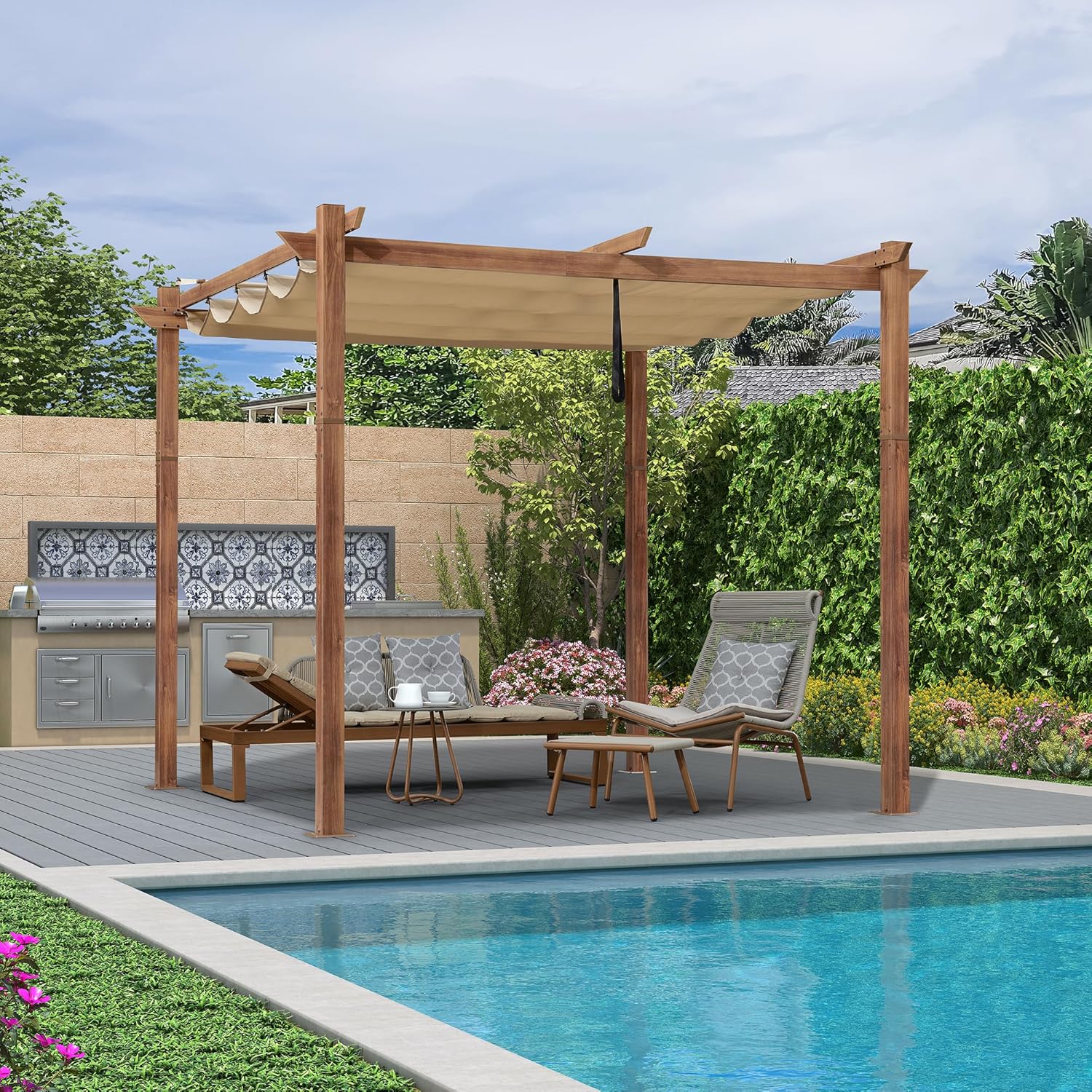 bleujardin - pergola aluminium - 3x3m - teck, toile rétractable, kaki