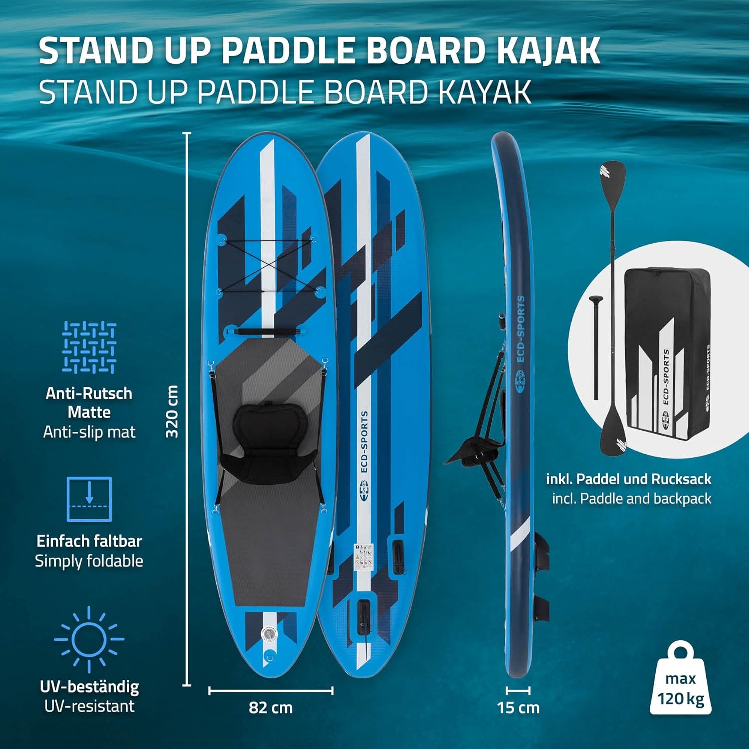 bleujardin Stand Up Surf Paddle Board Gonflable 305/308/320/380 cm | PVC | jusqu'à 120/150 kg | Épaisseur 10/15 cm | Planche de Surf Pagaie Sac de Transport Pompe à Air | Diverses Couleurs Modèles