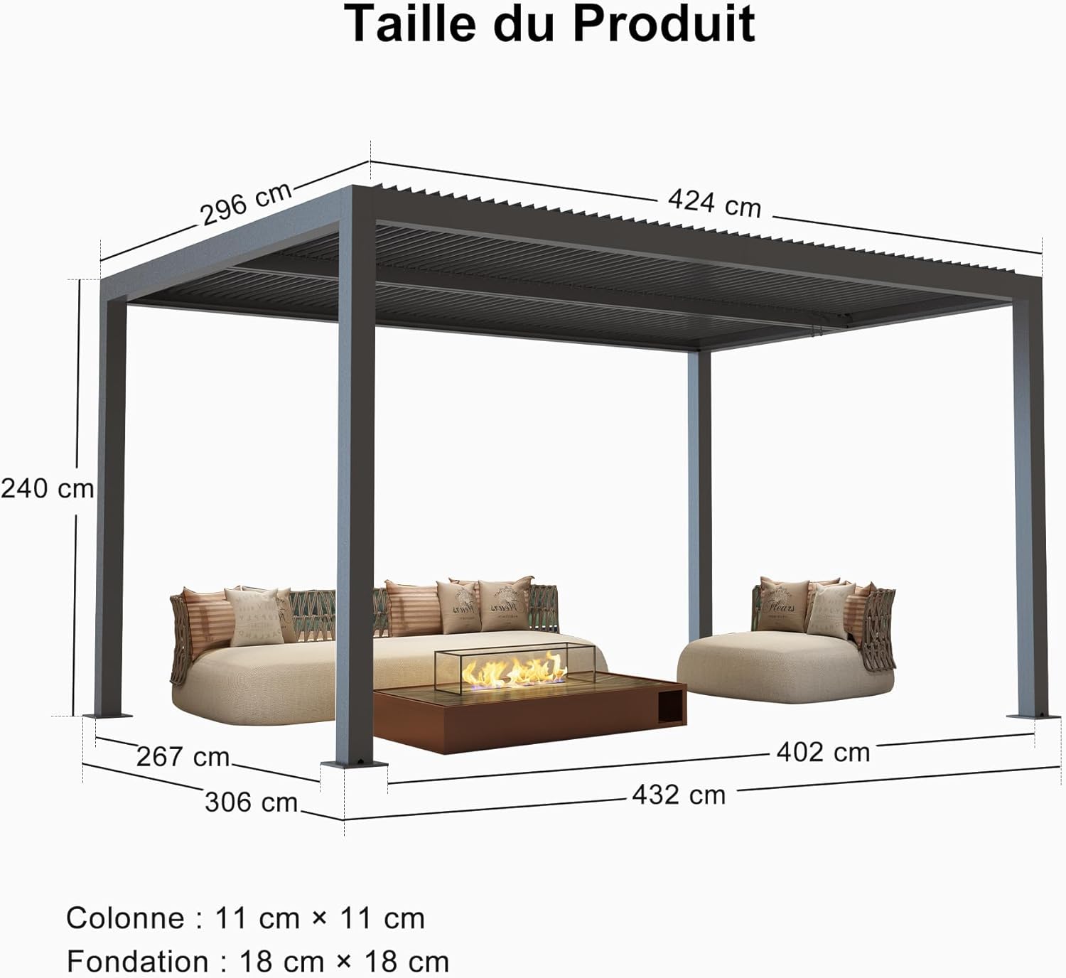 bleujardin - Pergola bioclimatique 4,24x3m, aluminium, lames orientables, éclairage extérieur, 12,72m², Gris