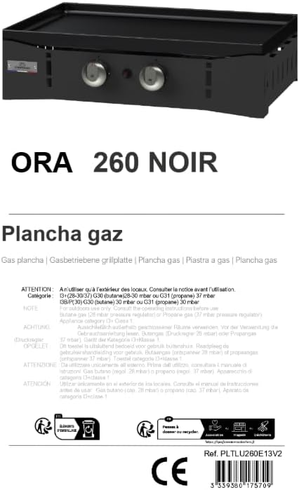 Marque - bleujardin Plancha Ora Gaz - 260 Noire - Plancha gaz robuste et compacte, surface de cuisson large.