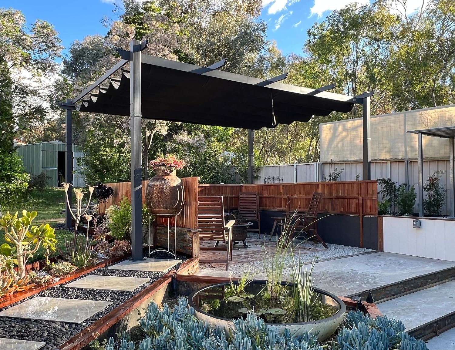 bleujardin - pergola aluminium - 4,8x3,5m - LED, toit rétractable, tissu mass teinté, structure résistante