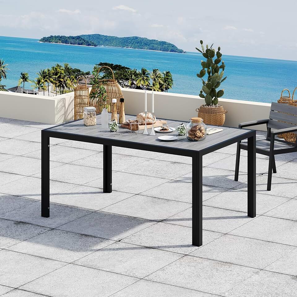 bleujardin - HDPS - Table de jardin 150x80x72cm - aluminium, grain bois