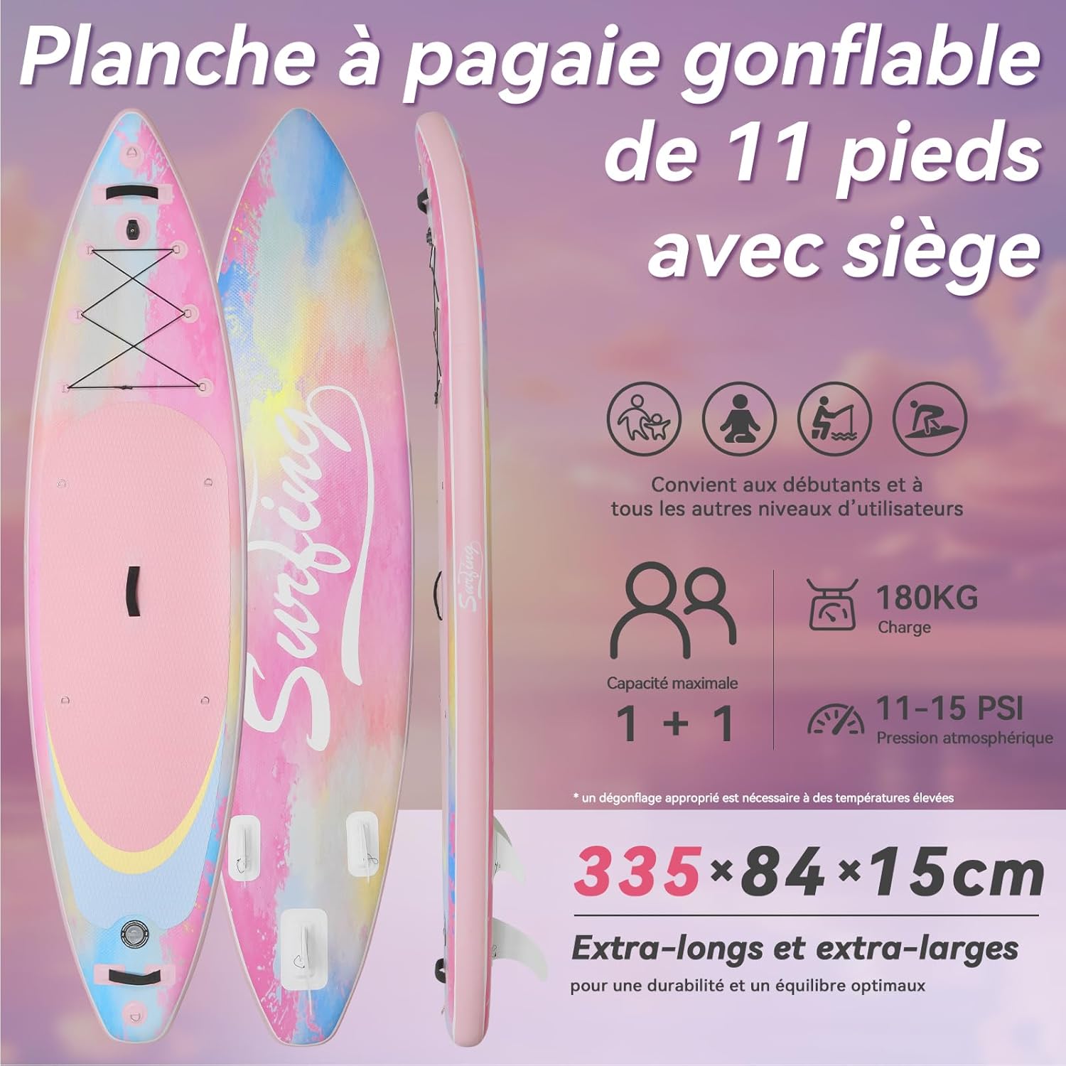 bleujardin - Paddle Gonflable Série Adulte - 320/335cm - 2 places, siège kayak, pagaie alu, support caméra, pompe, 150kg