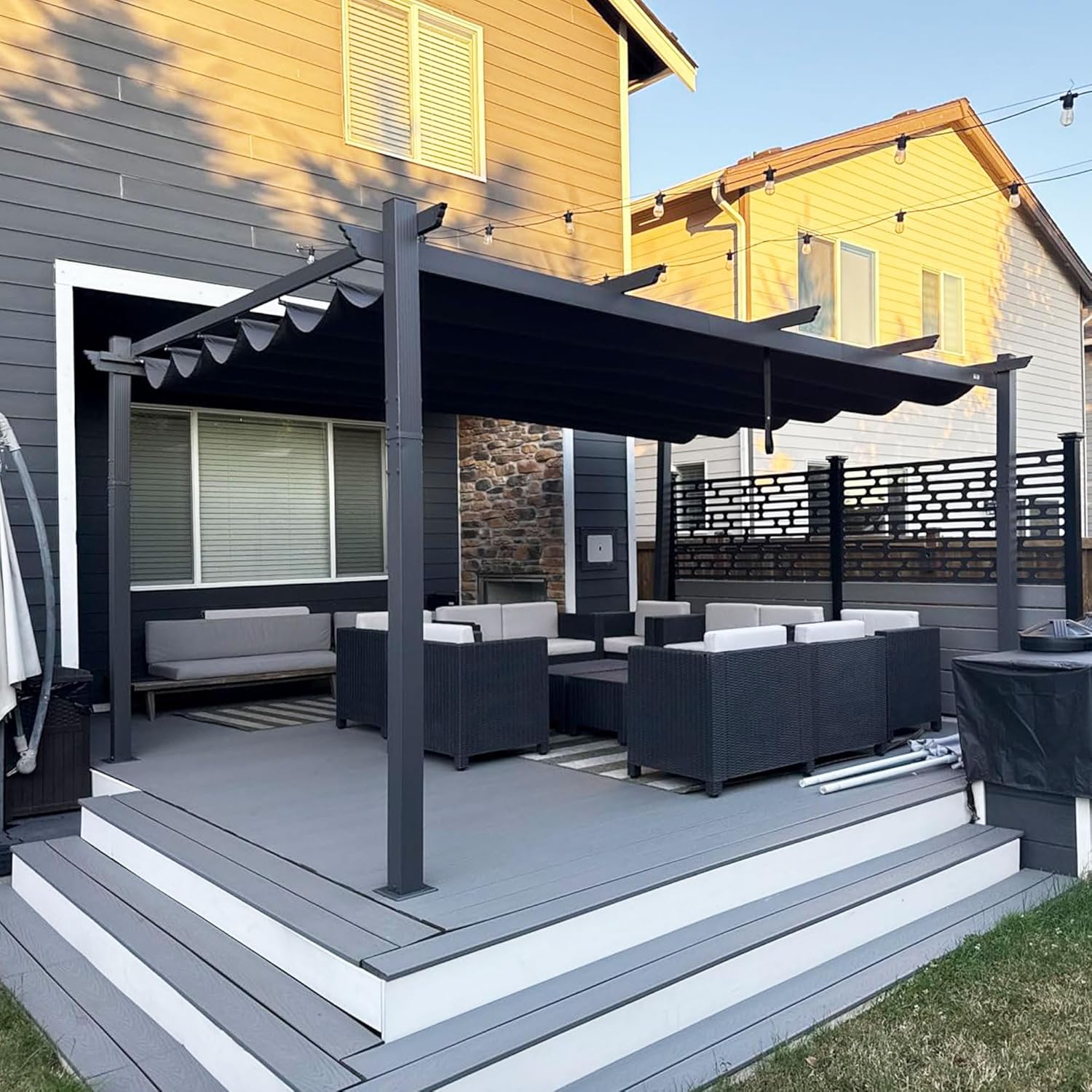 bleujardin - Pergola aluminium - 4x3,2m - LED, toit rétractable, toile teintée