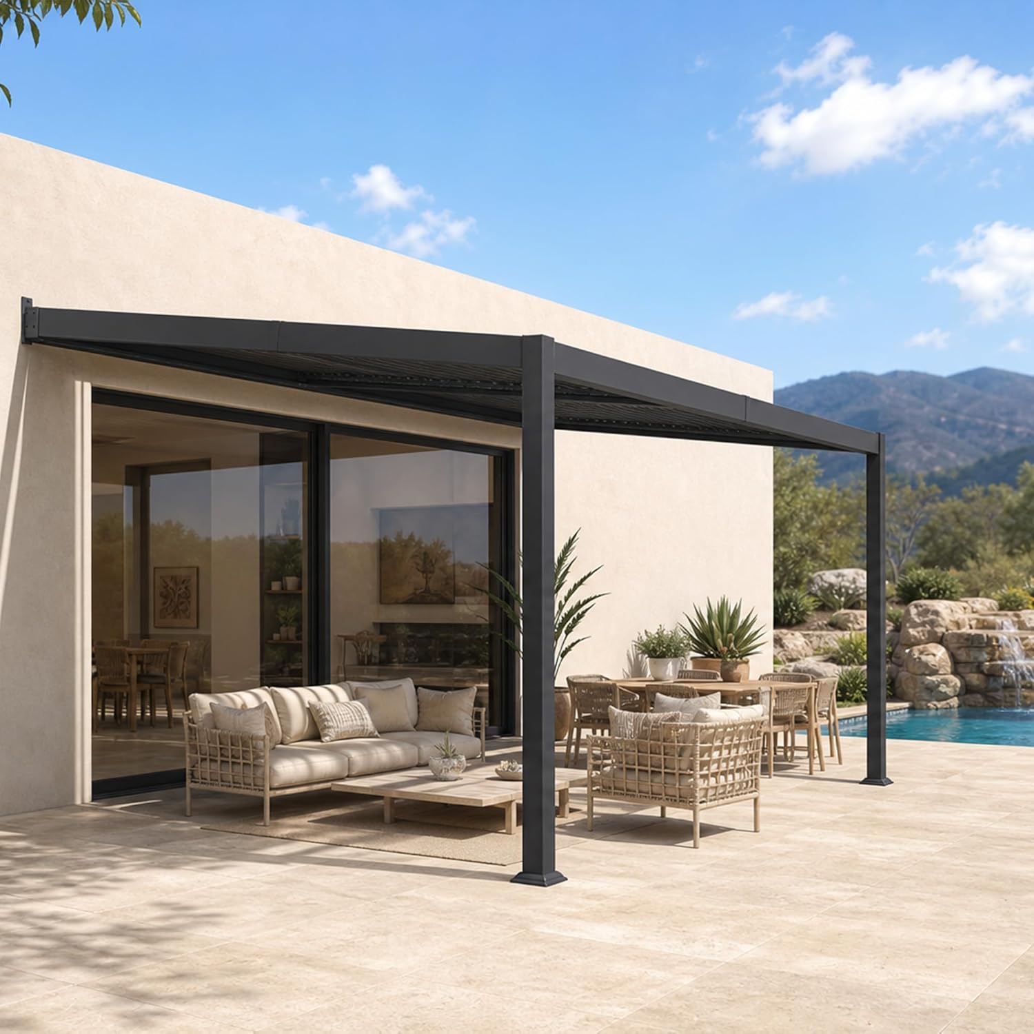 bleujardin - pergola bioclimatique adossée - 2,5x3,65m - aluminium, lames orientables, imperméable, gain de place