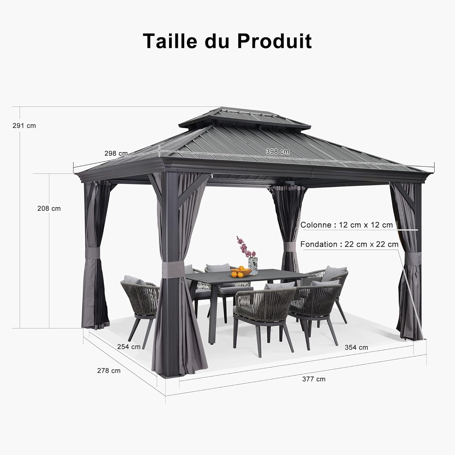 bleujardin - tonnelle jardin série toit rigide - 3,65x3m - acier galvanisé, gouttière, rideaux épais