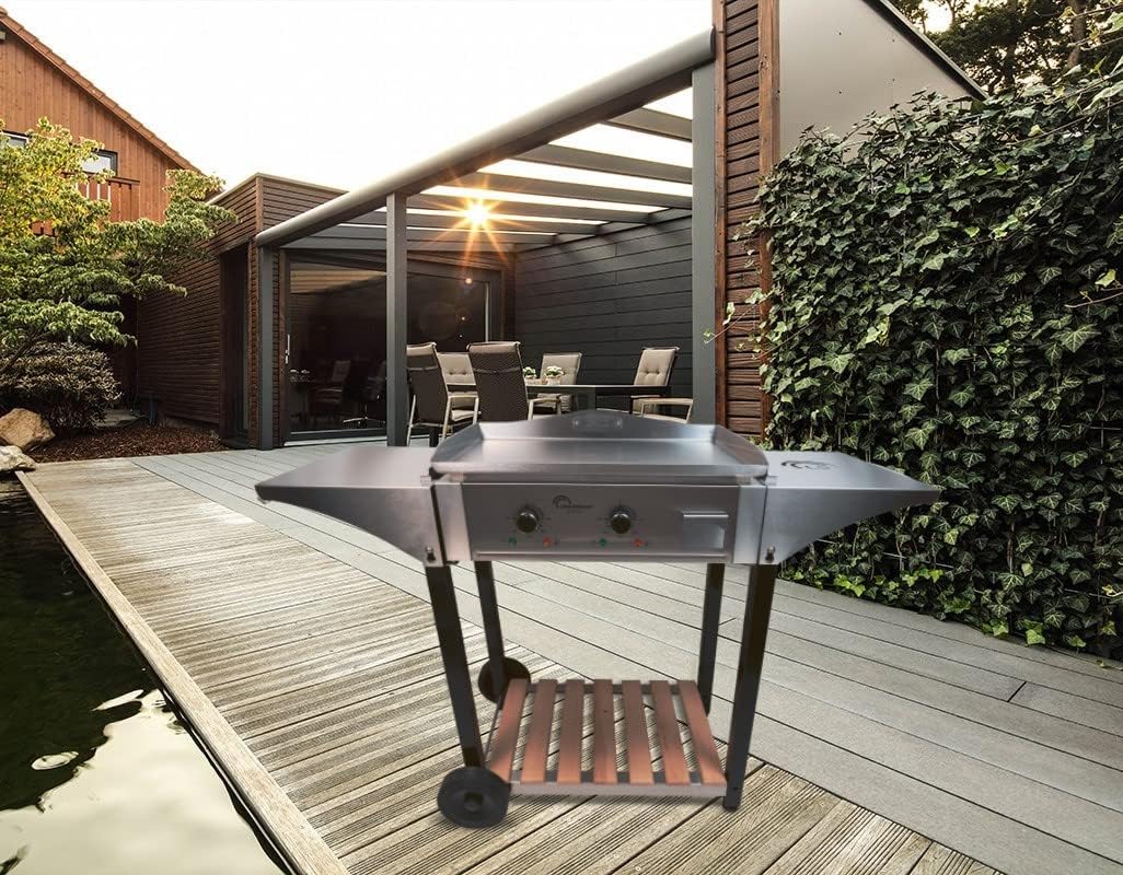 bleujardin - Chariot plancha Aquitaine Pro - inox/bois, roulettes, dessertes latérales - 8477