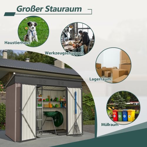 Abri de jardin en métal 229x111 cm – Marron, résistant aux intempéries avec cadre de fondation et porte verrouillable, pour vélos et outils, remise 8x4 pi