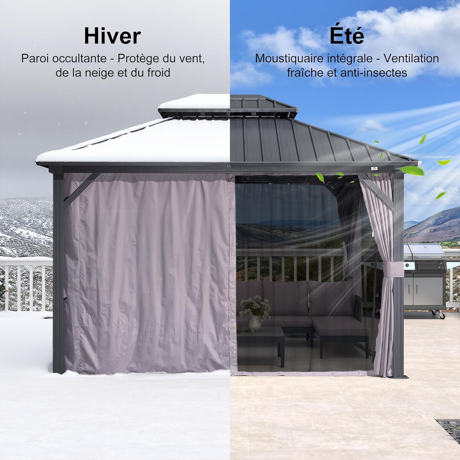 bleujardin - Pergola aluminium double toit 3,65x3m rideaux moustiquaire