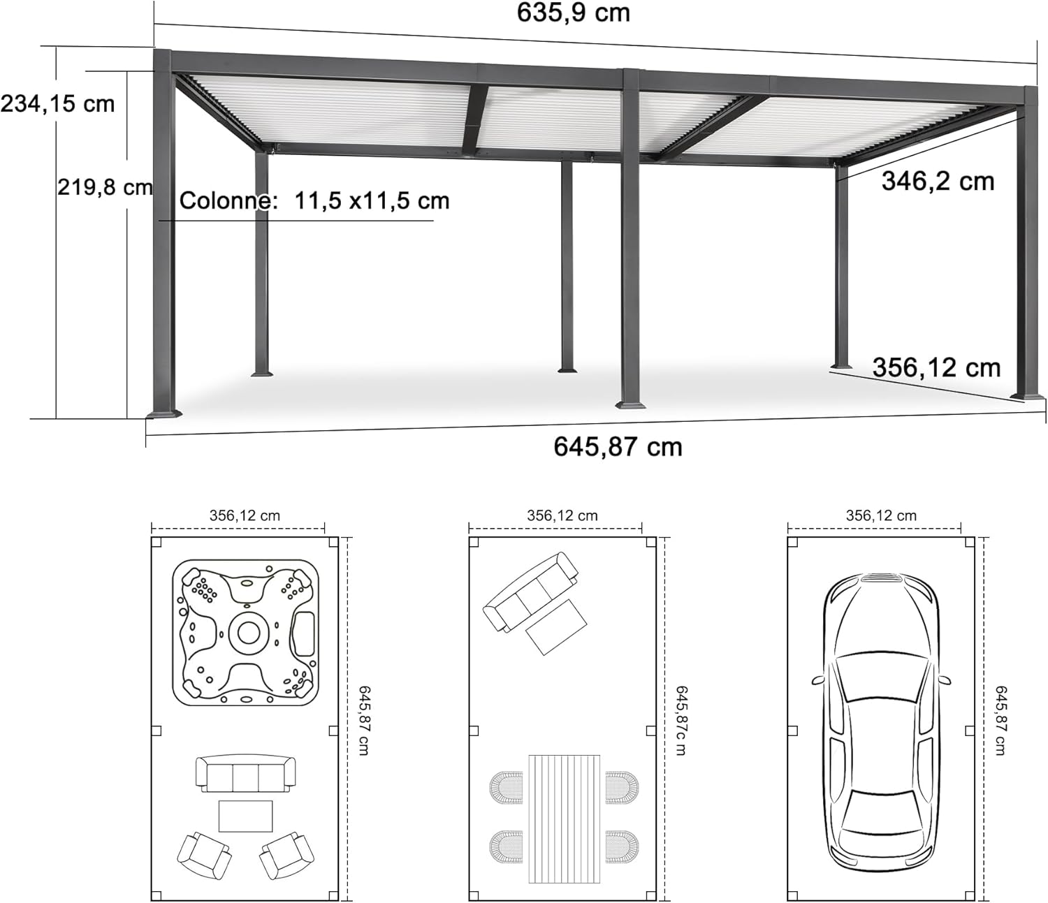 bleujardin - Pergola Bioclimatique - 6,35x3,5m - Aluminium, éclairage, lames orientables, poteaux blancs