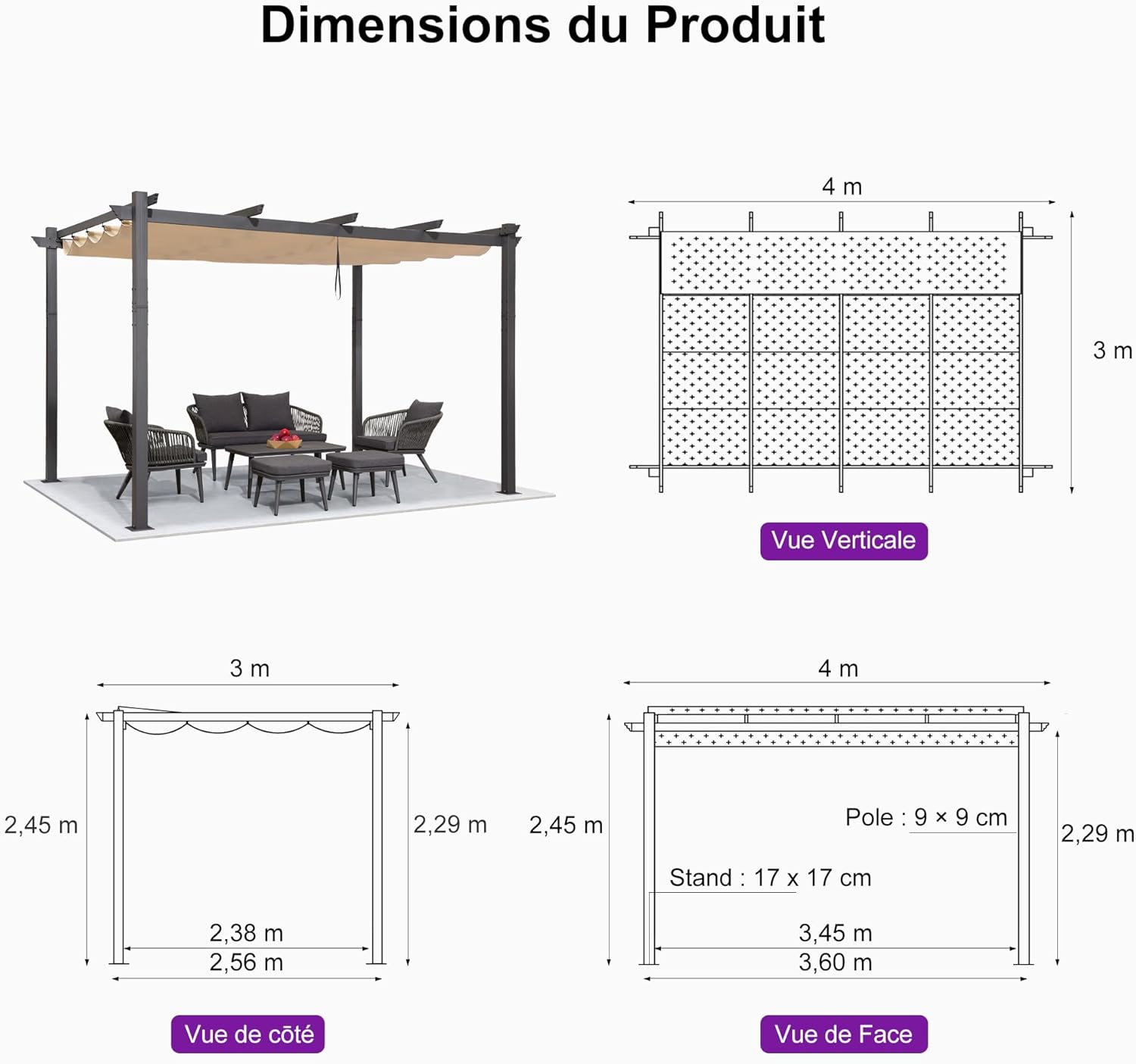 bleujardin - Pergola Aluminium - 4x3m - Toit coulissant, tissu kaki