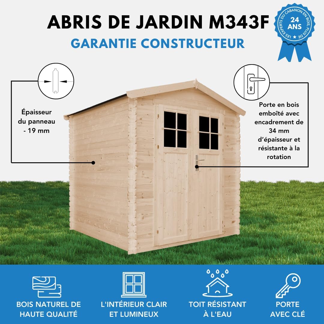 Abri de Jardin en Bois avec Sol TRAITÉ Porte verrouillable de Haute qualité - Stockage extérieur I216xL206xH218 cm/ 3.53 m2 - Toit imperméable, fenêtres bleujardin M343F+M343G