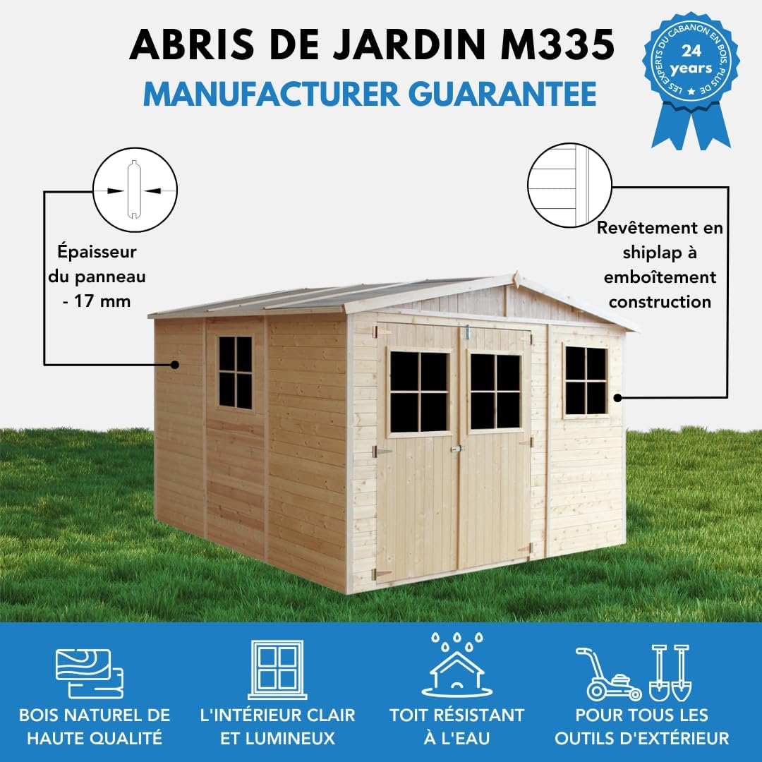 ABRI de Jardin en Bois Exterieur avec Les PLANCHERS IMPRÉGNÉ - Cabane de Jardin en Pin/épicéa- H226x316x324 cm/9 m²-Construction de Panneaux- Rangement pour vélos, Remise à Outils- bleujardin M335+M335G