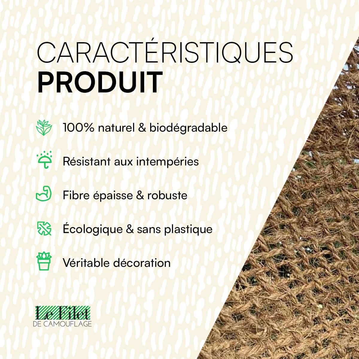 Toile d'ombrage - fibre coco écologique - 2x2m rectangulaire, terrasse/jardin