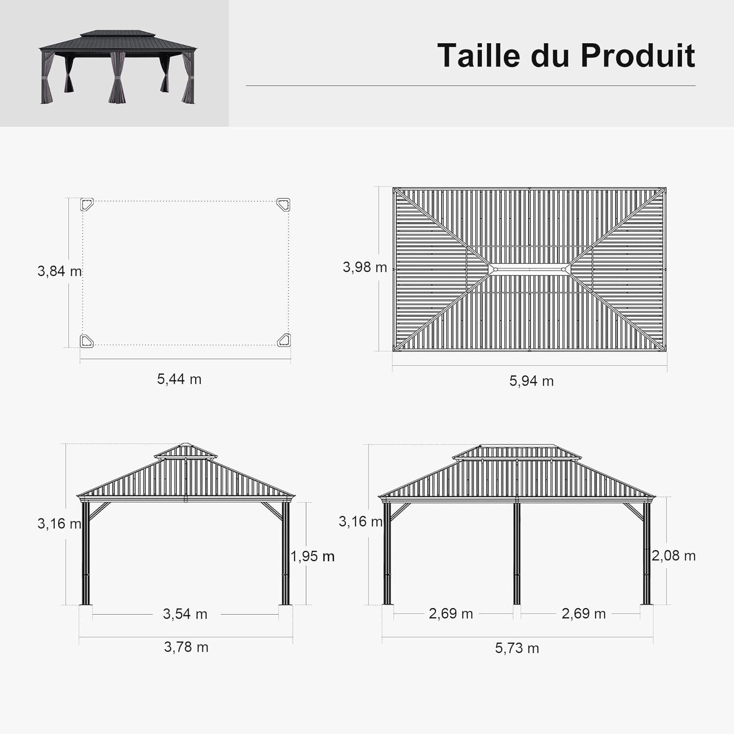 bleujardin - Pergola Série Extérieur - 6x4m - Toit acier, moustiquaire, rideaux, gouttière