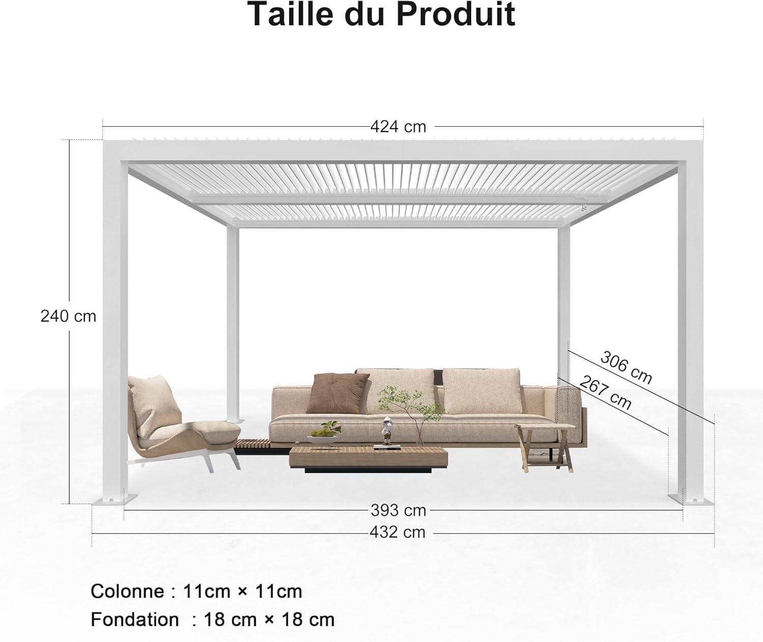 bleujardin - Pergola Bioclimatique - 4,24x3m - aluminium, éclairage, lames orientables