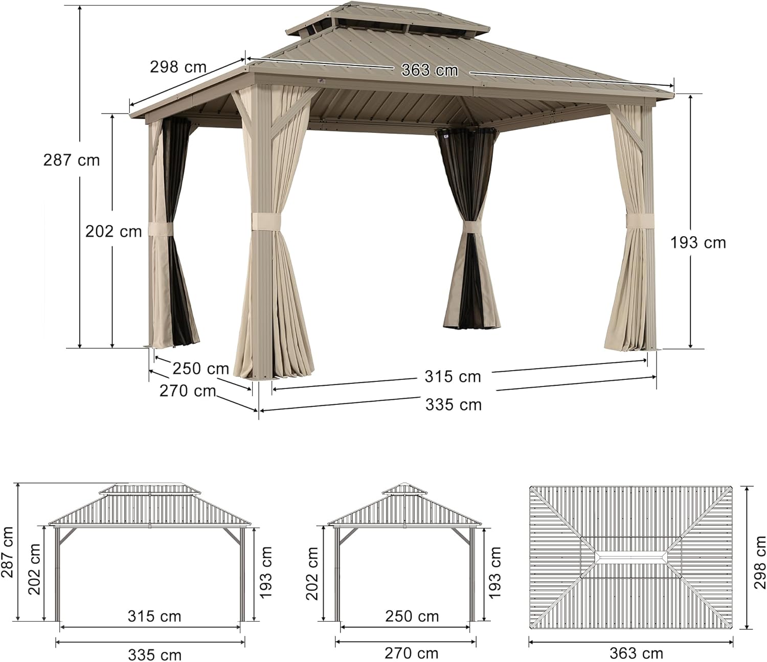 bleujardin - pergola aluminium - 3,65x3m - double toit, moustiquaire, rideaux