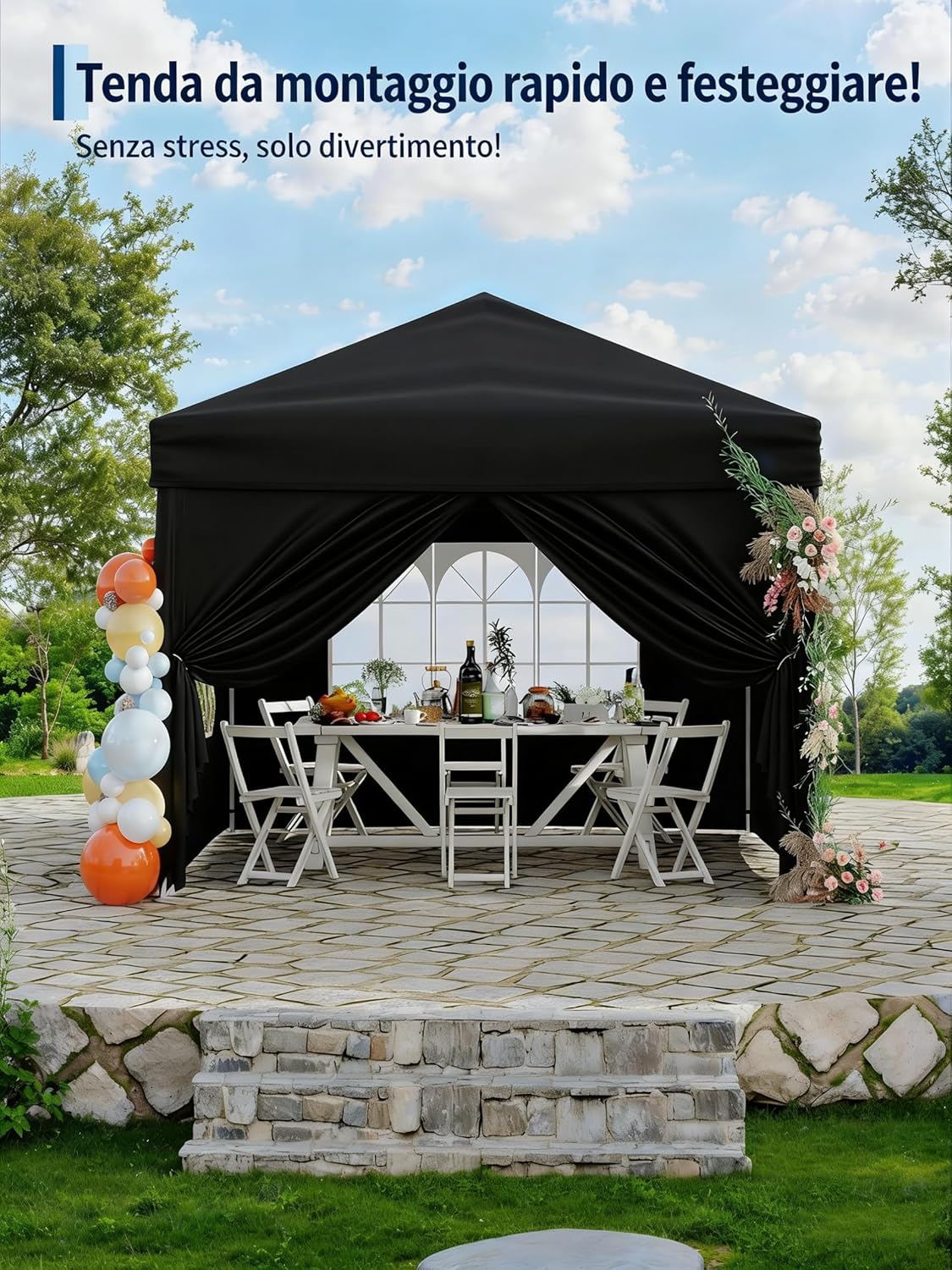 Gravee Tonnelle Pliante 3x3m Gris avec Parois Latérales, Imperméable et Anti-UV, Tente Pop-Up Robuste avec Sac de Transport pour Jardin (Noir, 3x3m)