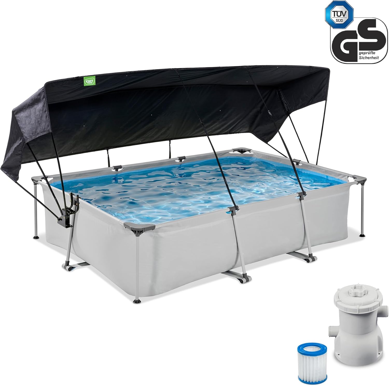 bleujardin Piscine Soft Grey avec Voile d'Ombrage - 300x200x65cm - Piscine Hors Sol Rectangulaire avec Pompe Filtrante à Cartouche - Protection Optimale Contre Les Rayons UV - Entrée Basse - Gris