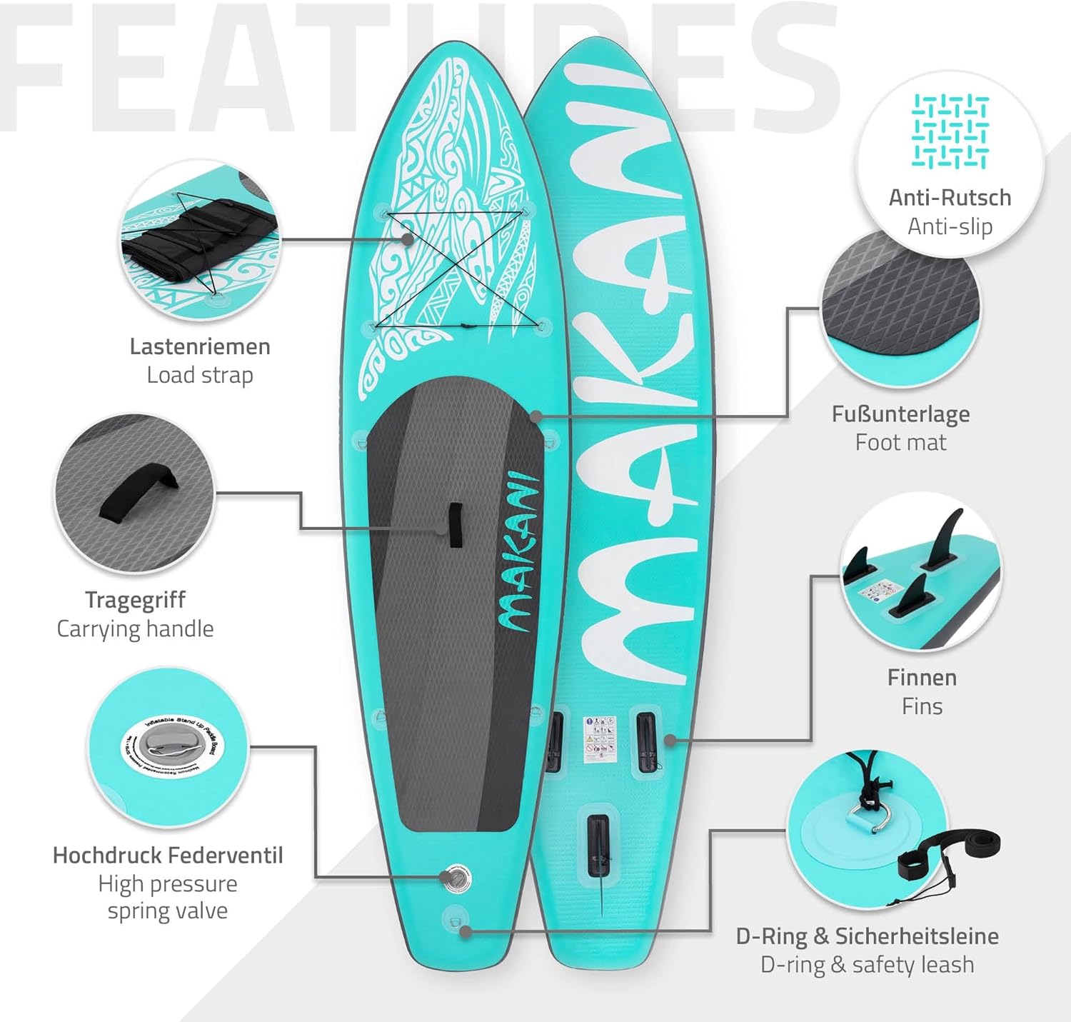 bleujardin - Stand Up Paddle Board - 305/308/320/380 cm - PVC, jusqu’à 150 kg, 10/15 cm, sac, pompe