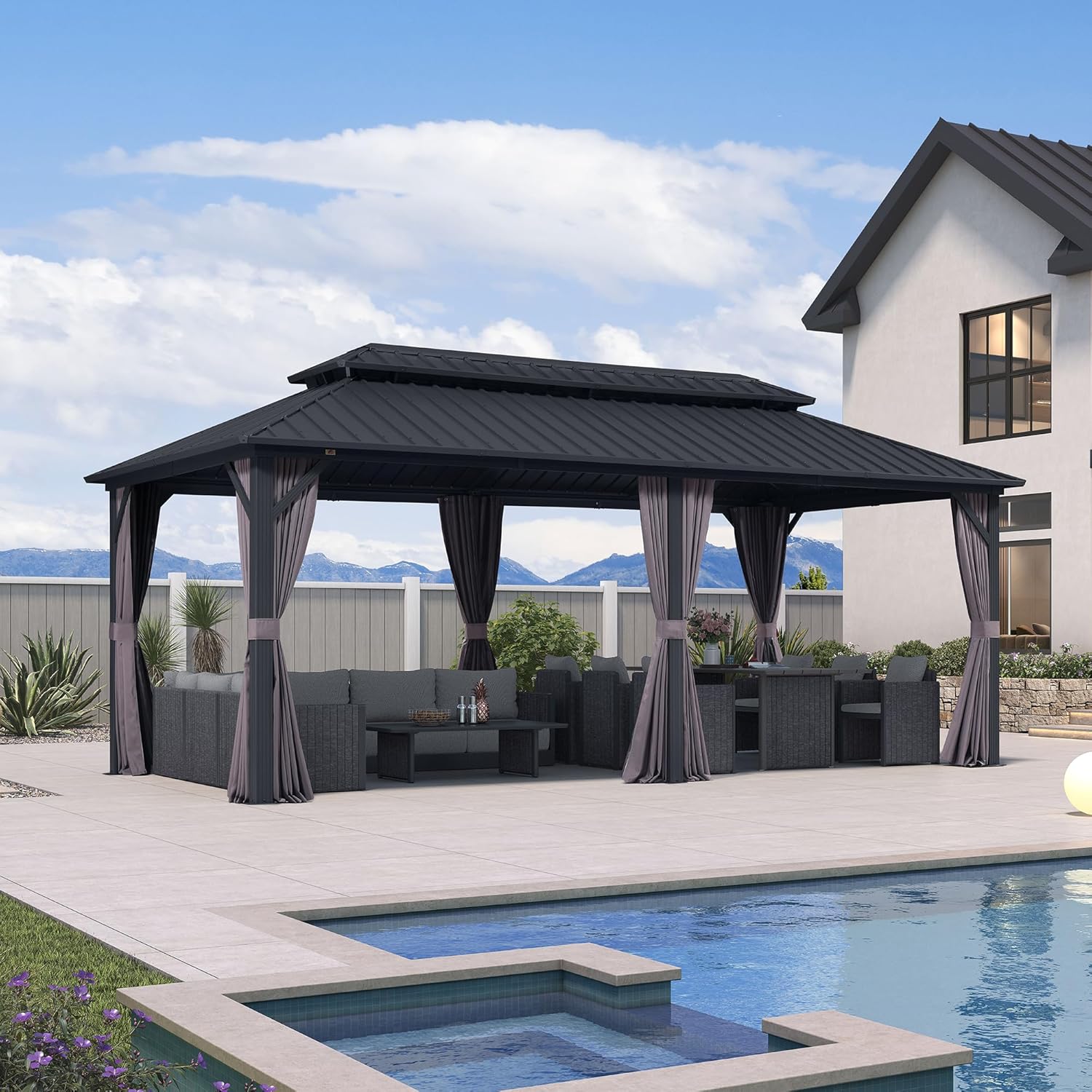 bleujardin - pergola double toit 6x3m, alu & acier, rideaux & moustiquaire