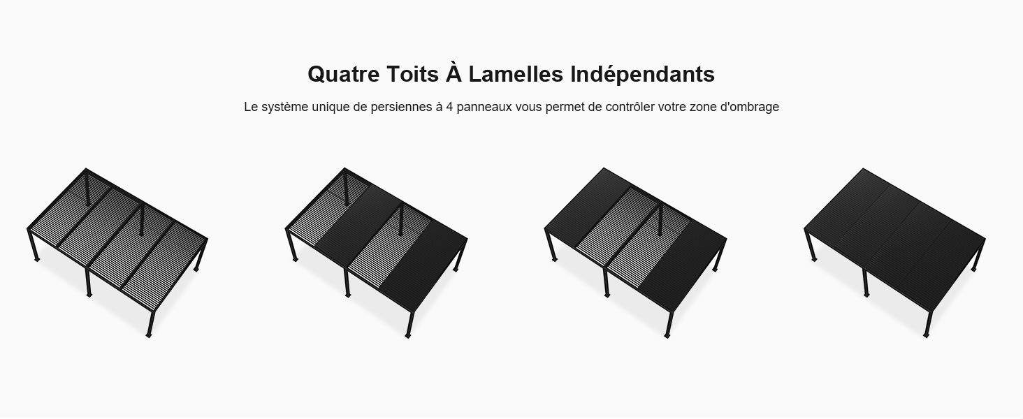 Quatre tables basses rectangulaires noires identiques avec plateaux à lattes. Le texte ci-dessus indique « Quatre Toits À Lamelles