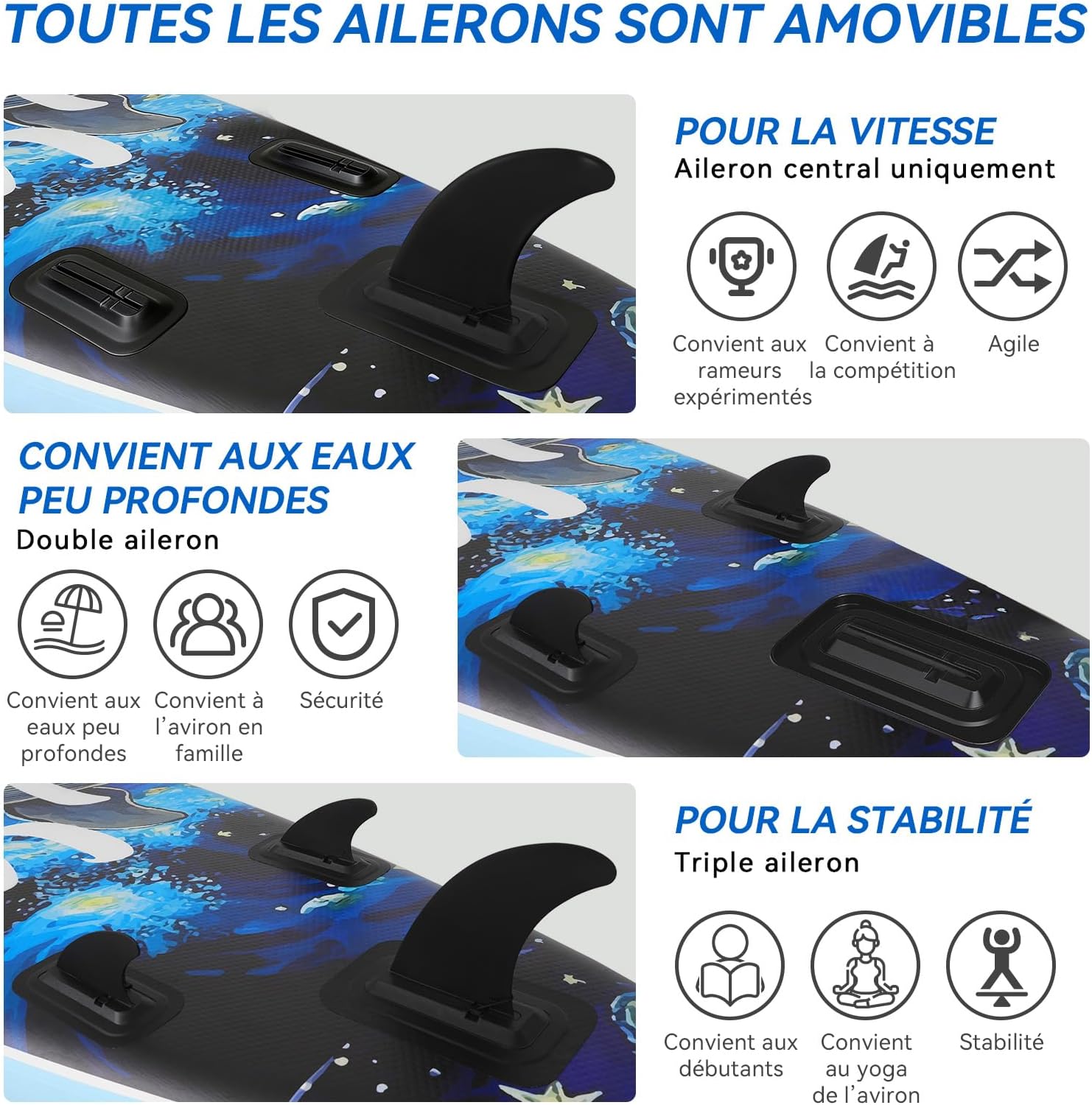 bleujardin - Paddle gonflable adulte 320/335cm - 2 personnes, siège kayak, pagaie, support caméra, 150kg