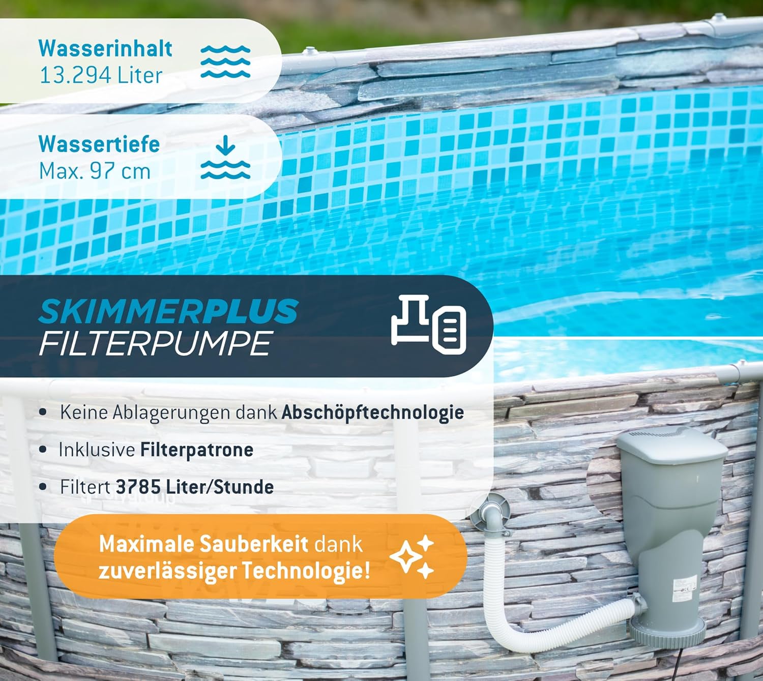bleujardin - Frame Pool Kit rond - 427x107 cm - aspect pierre grise, pompe à filtre