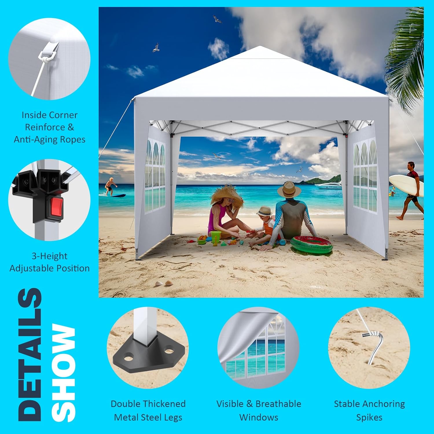 Tonnelle de Jardin - pliante 3x3m - 4 côtés, réglable, imperméable, anti-UV