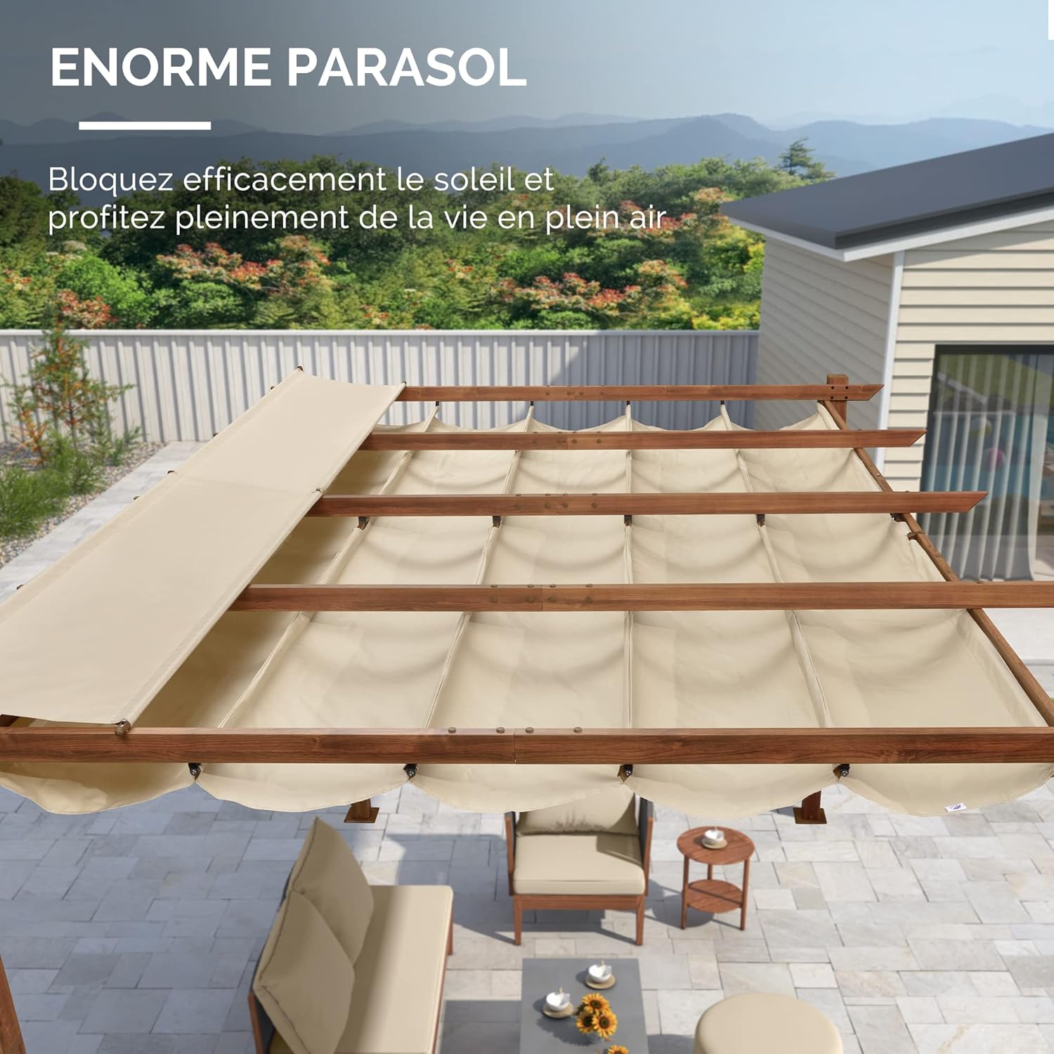 bleujardin - Pergola aluminium 4x3m, toit rétractable, éclairage intégré, finition teck, kaki