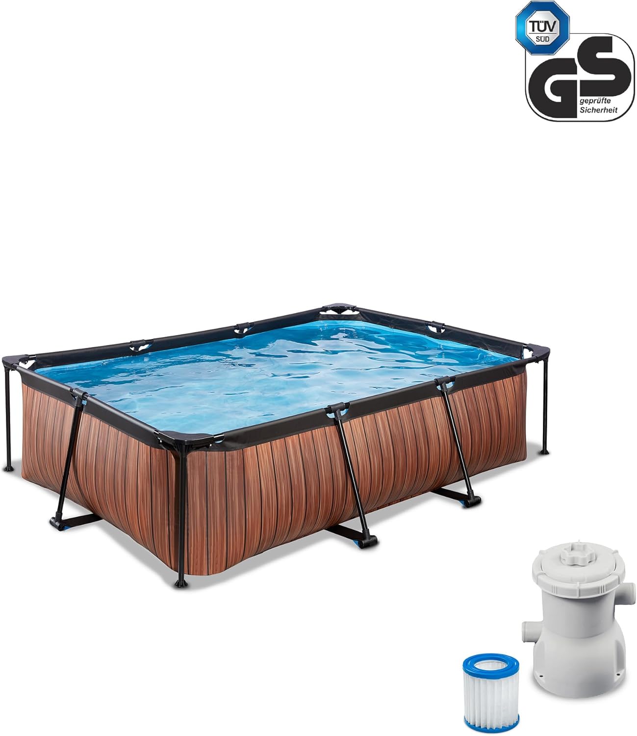bleujardin Piscine en Bois - 220 x 150 x 65 cm - Rectangulaire et compacte - avec Pompe à Filtre à Cartouche - Facile d'accès - Convient pour Les Tout-Petits - Cadre Solide - Design Unique - Marron