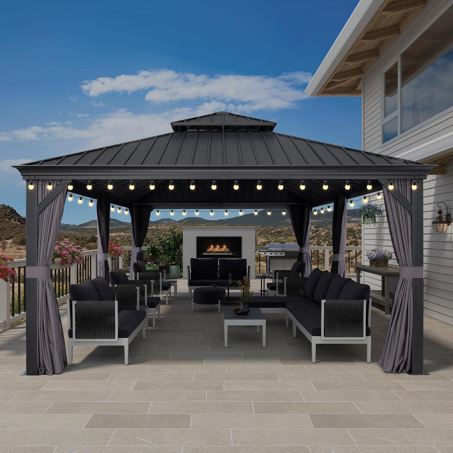 bleujardin - Pergola Série 6x4,25m - alu, leds, rideaux, gouttière