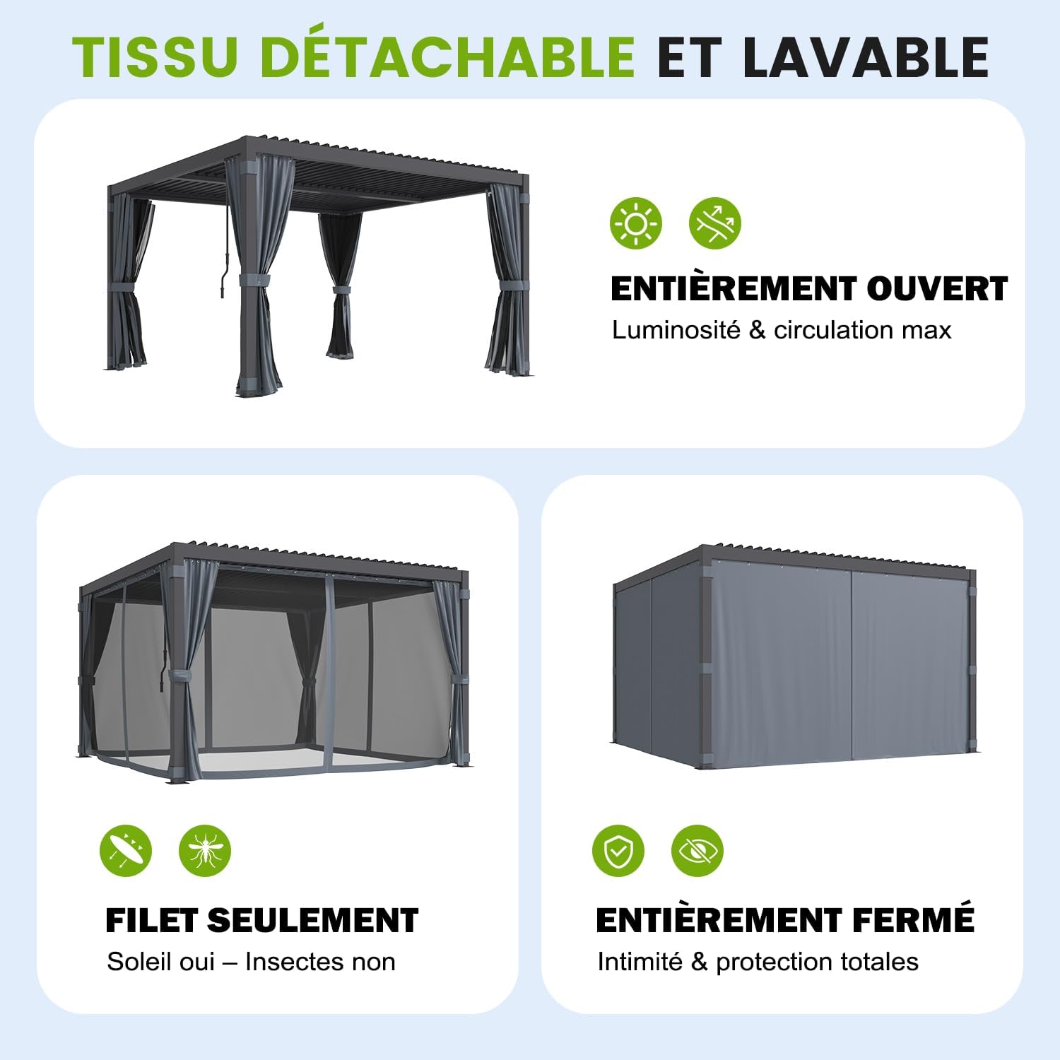 Pergola bioclimatique aluminium acier 3x3,6m toit lamelles rideaux