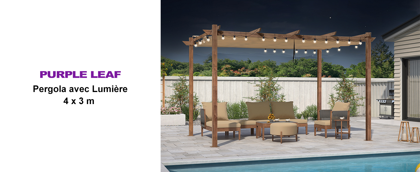 de marque bleujardin avec guirlandes lumineuses, mesurant 4 x 3 m, illustrée dans le cadre d'une piscine extérieure avec des meubles en dessous. Dispose d'un design moderne avec auvent illuminé.