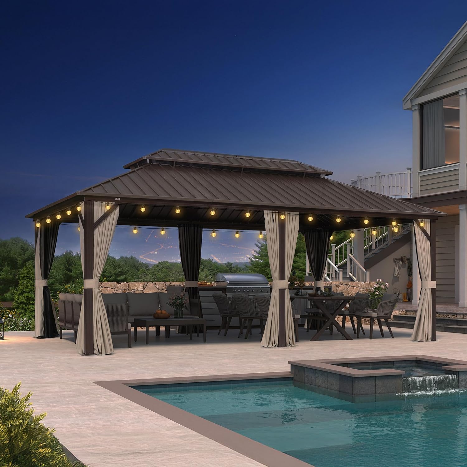 bleujardin - pergola double toit rigide 6x3,65m, aluminium, guirlande, rideaux